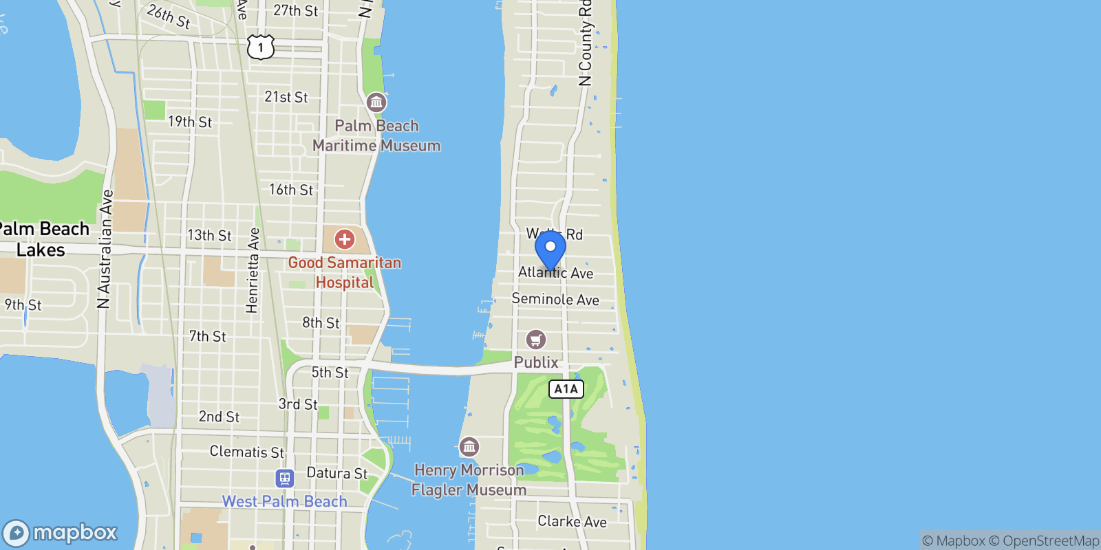 Map showing Atlantic Avenue, Palm Beach, Florida, United States.