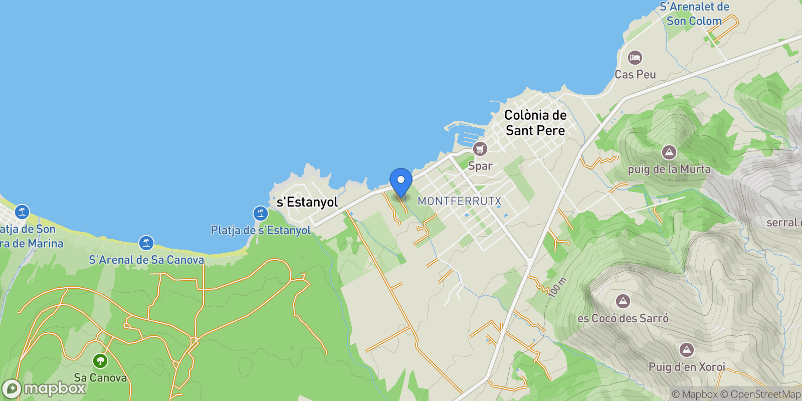 Map showing Colònia de Sant Pere, Mallorca, Colònia de Sant Pere, Arta, Balearic Islands, Spain.