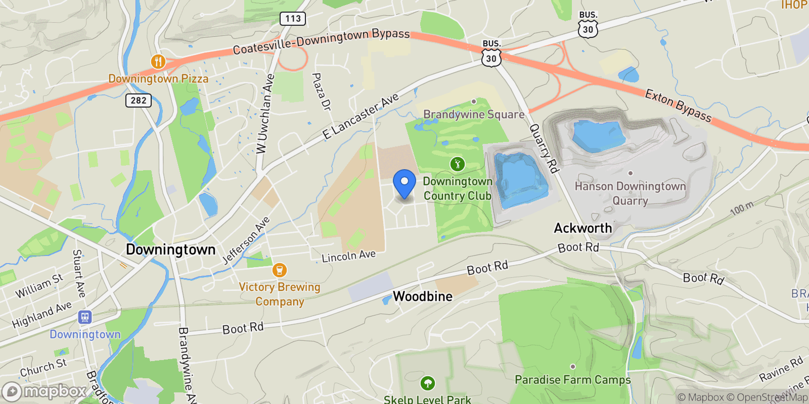 Map showing 29 N TOMPKINS SQ SQUARE, DOWNINGTOWN, PA 19335, Downingtown, Pennsylvania, United States.