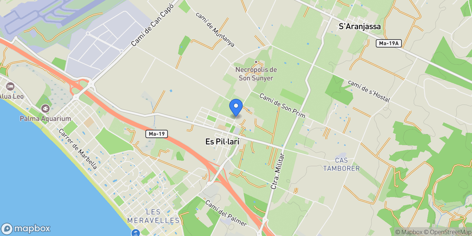 Map showing Es Pil·larí, Mallorca, Es Pil·larí, Playa de Palma, Palma, Balearic Islands.