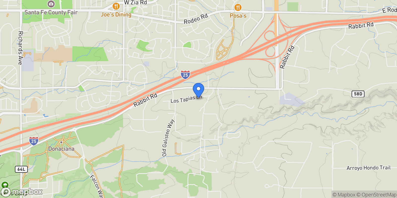 Map showing 10 Los Tapias, Santa Fe, NM 87508, Santa Fe, New Mexico, United States.