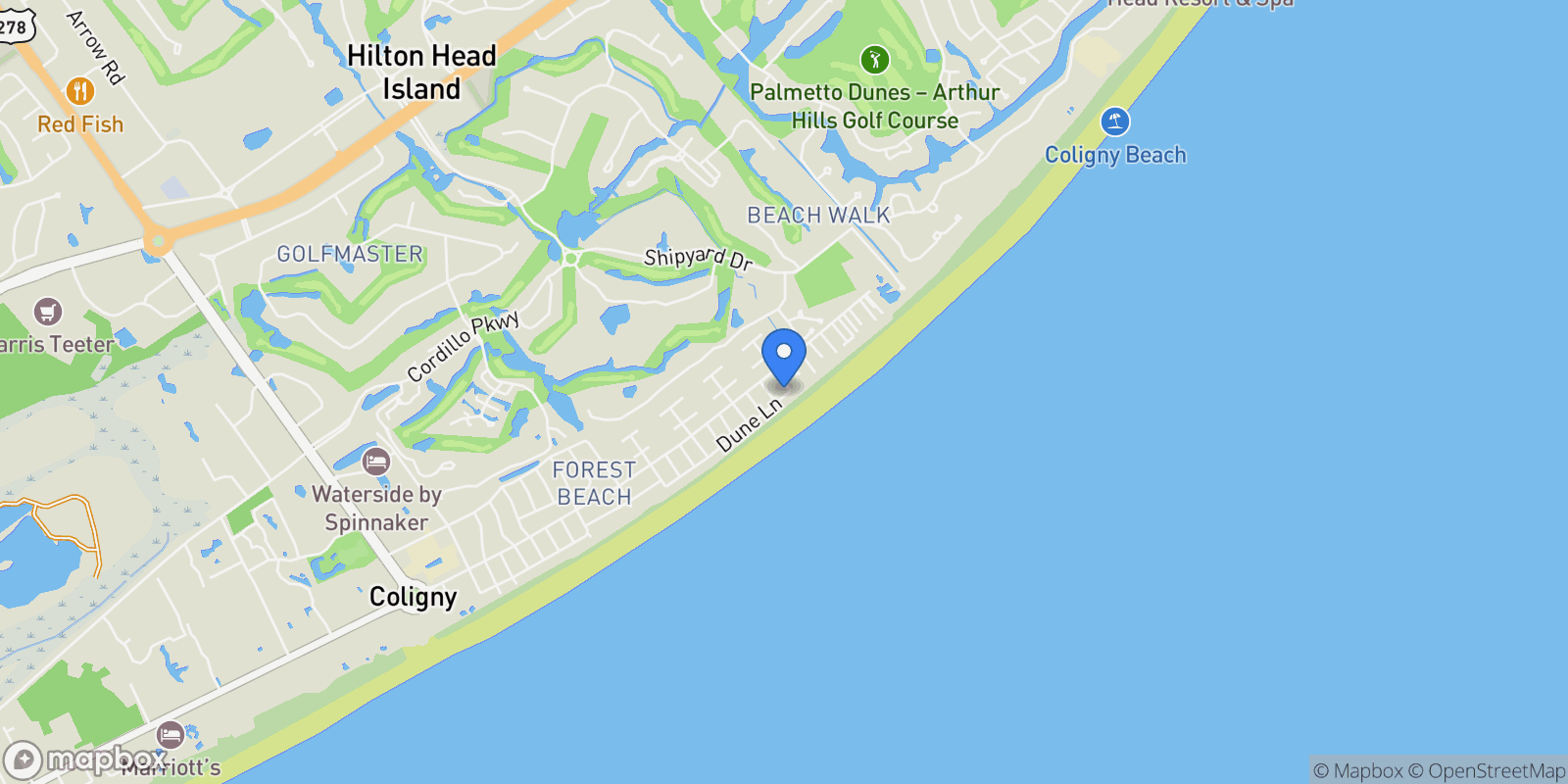 Map showing 134 Dune Lane, Hilton Head Island, SC, 29928, USA, Hilton Head Island, South Carolina, United States.