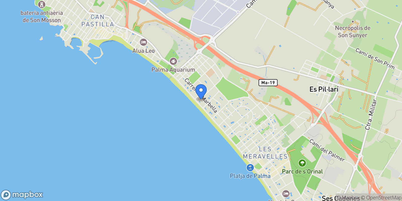 Map showing Palma de Mallorca, Mallorca, Palma de Mallorca, Playa de Palma, Palma, Balearic Islands.