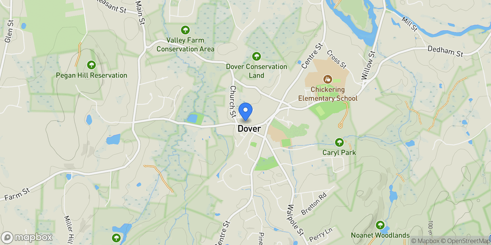Map showing Dover, Massachusetts, United States.