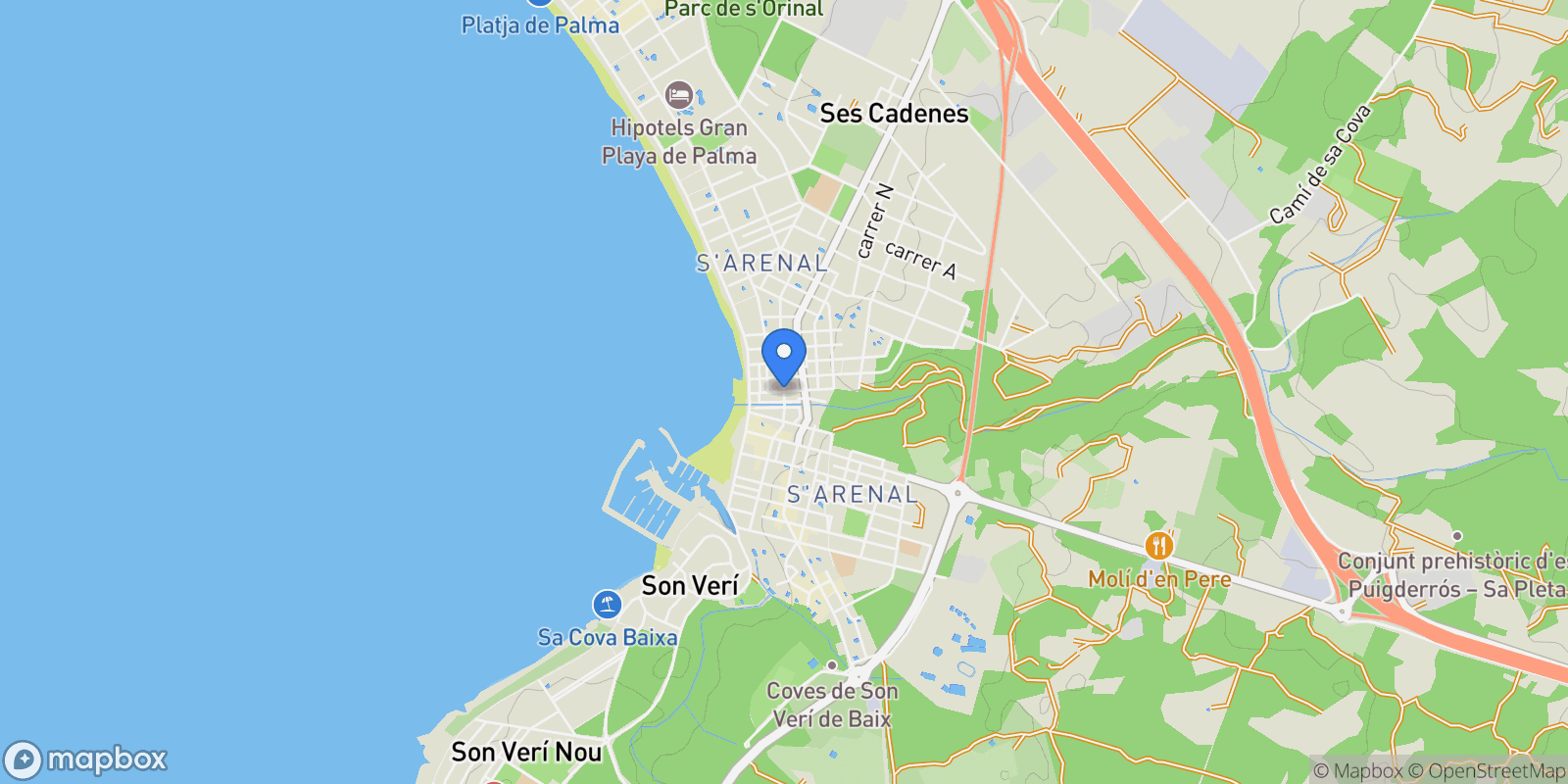 Map showing Arenal, Mallorca, Arenal, Playa de Palma, Palma, Balearic Islands.