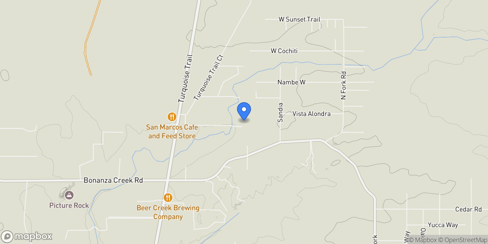 Map showing 54 Rons Road, Santa Fe, NM 87508, Santa Fe, New Mexico, United States.