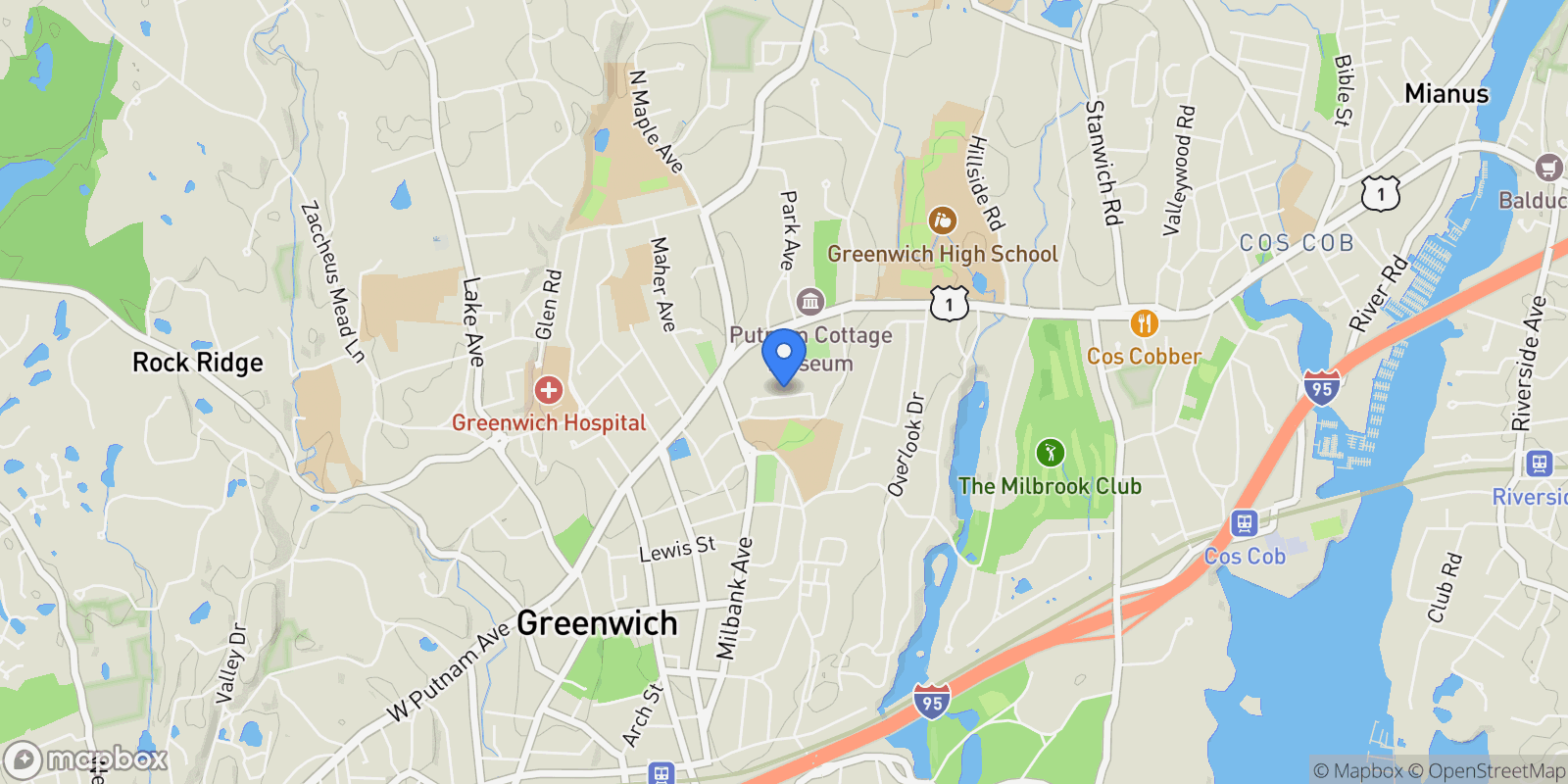 Map showing 84 Putnam Park, Greenwich, CT, 06830, USA, Greenwich, Connecticut, United States.