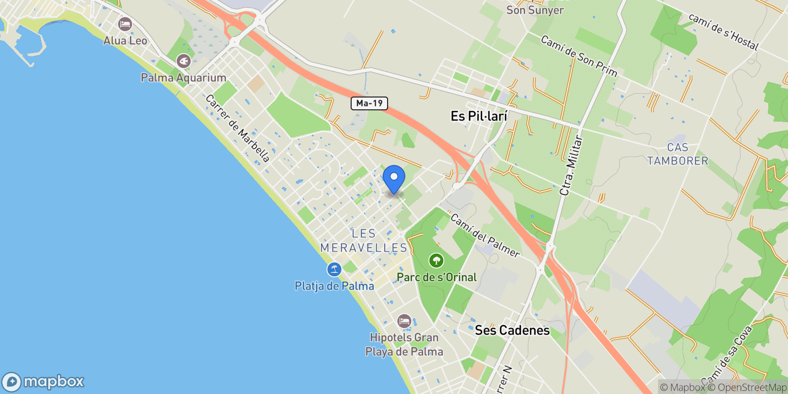 Map showing Palma, Mallorca, Palma, Playa de Palma, Palma, Balearic Islands.