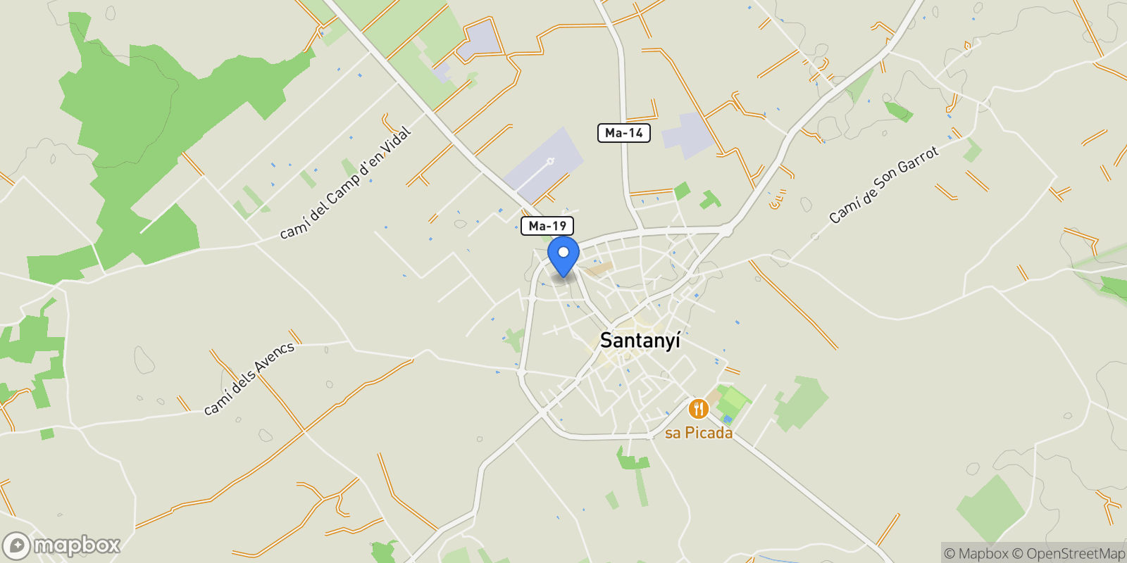 Map showing Santanyi, Mallorca, Santanyi, Santanyi, Balearic Islands, Spain.
