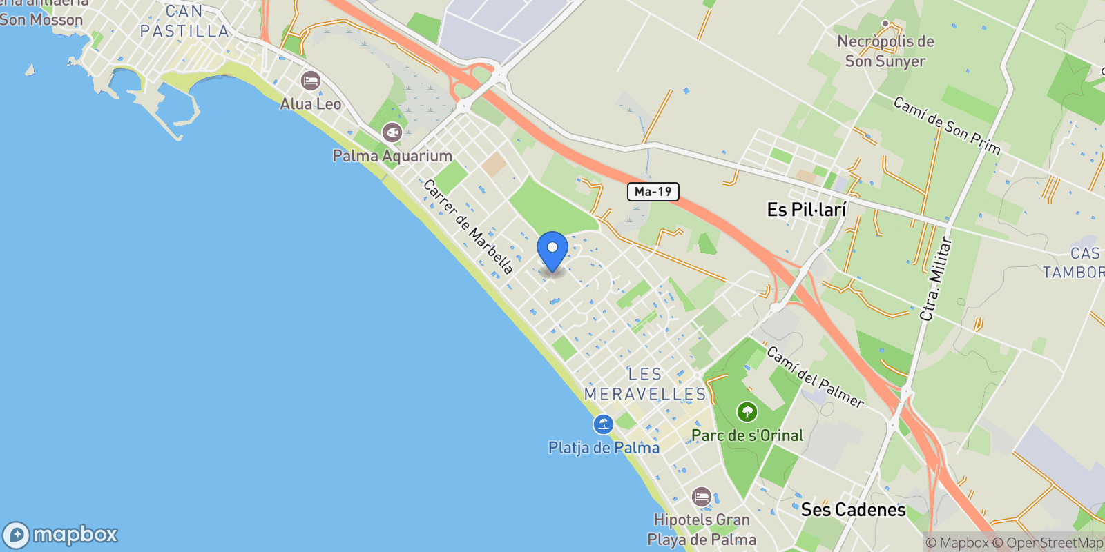 Map showing Palma, Mallorca, Palma, Playa de Palma, Palma, Balearic Islands.