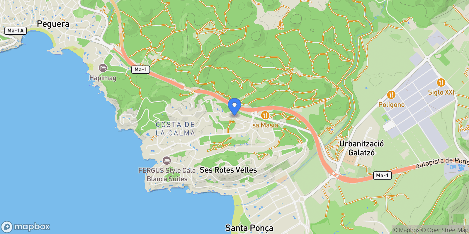 Map showing Costa de la Calma, Mallorca, Costa de la Calma, Rotes Velles, Calvia, Balearic Islands.