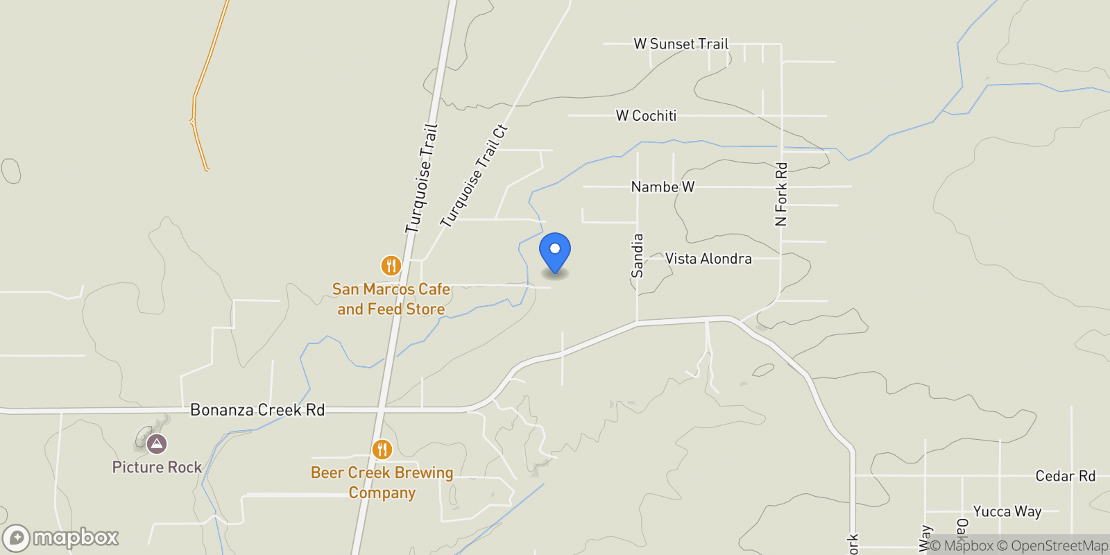 Map showing 54 RONS Road, Santa Fe, NM 87508, Santa Fe, New Mexico, United States.