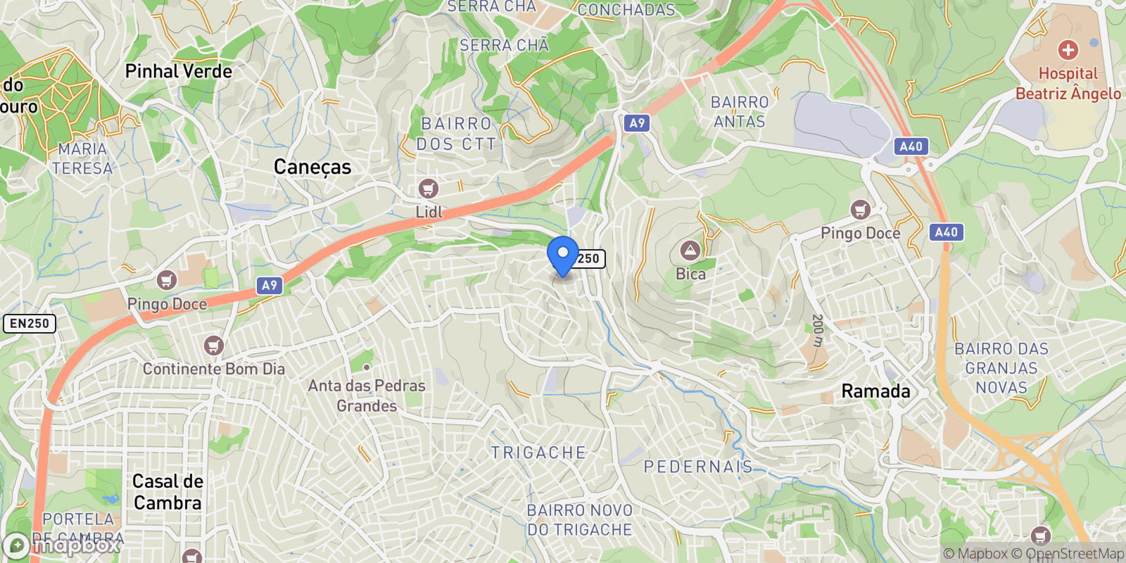 Map showing Rua José Ferreira Roriz, Caneças, Portugal, Ramada e Canecas, Lisbon, Portugal.