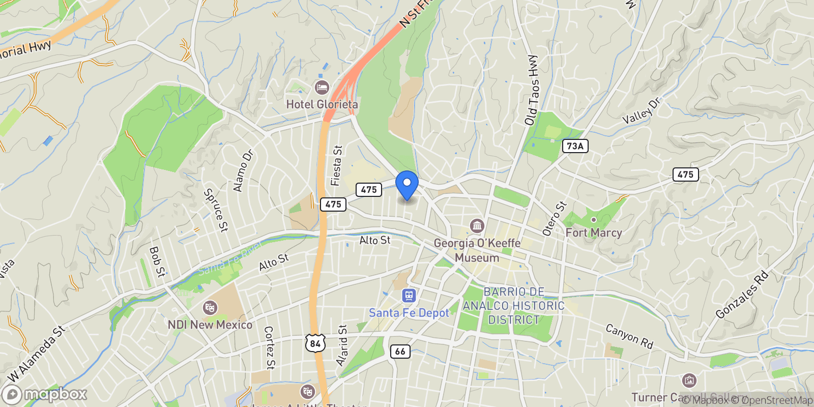 Map showing 127 Duran #A, Santa Fe, NM 87501, Santa Fe, New Mexico, United States.