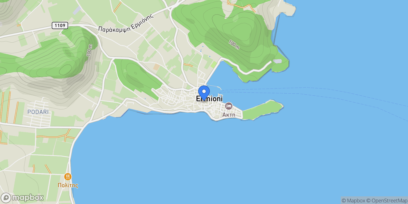 Map showing Ermioni, Peloponnese, Western Greece and the Ionian, Greece.