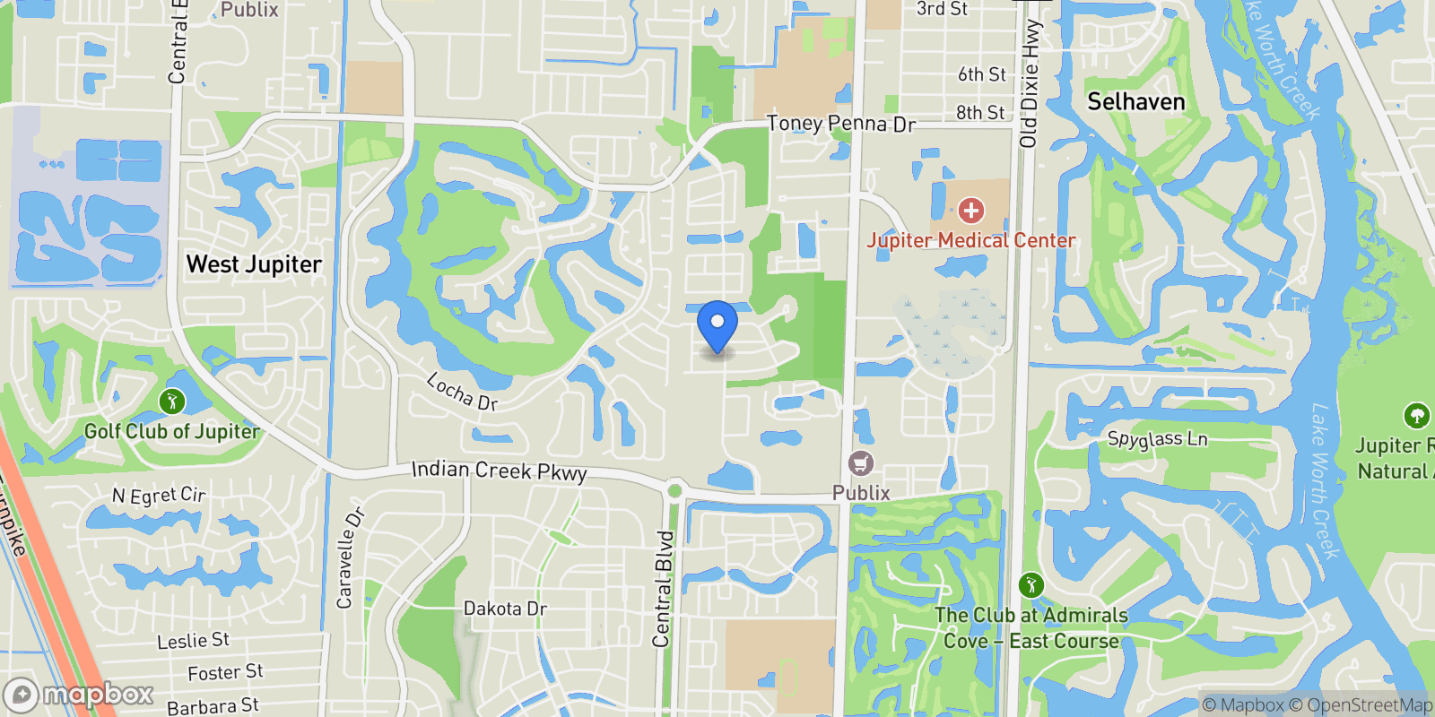 Map showing 114 Via Santa Cruz, Jupiter, Florida, United States.