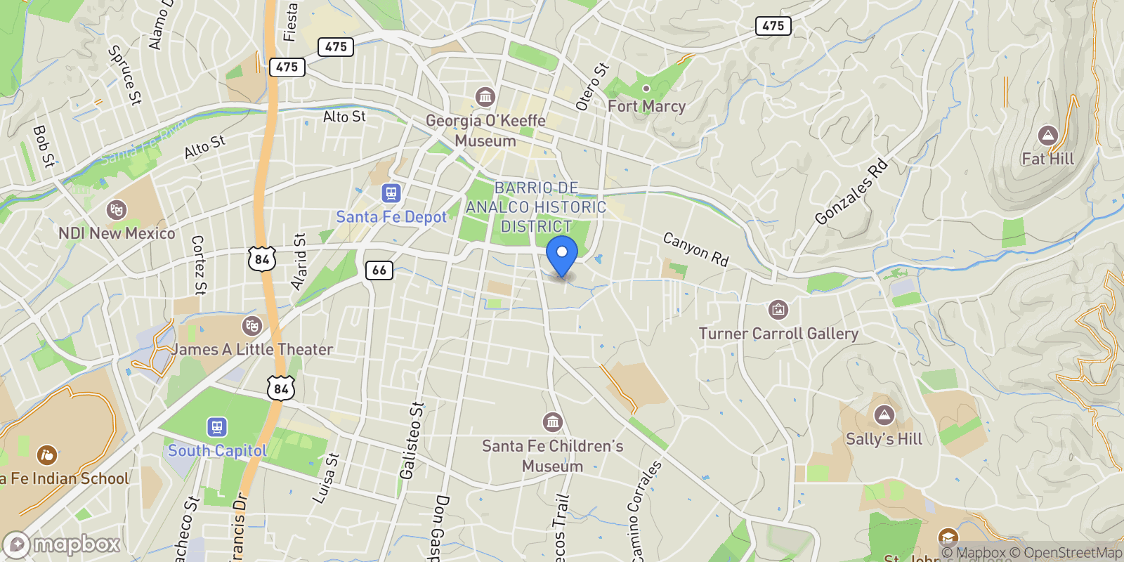 Map showing 329 Sanchez Street, Santa Fe, NM 87505, Santa Fe, New Mexico, United States.