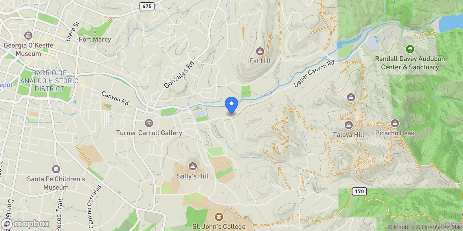 Map showing 1299 Upper Canyon Road, Santa Fe, NM 87501, Santa Fe, New Mexico, United States.