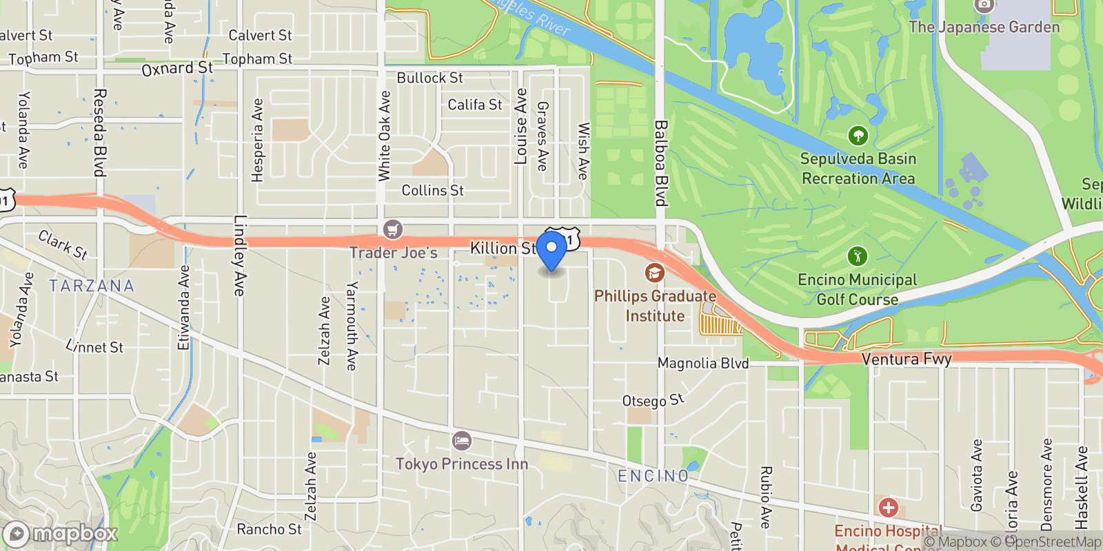 Map showing 5412 Aldea Avenue, Los Angeles, California, United States.