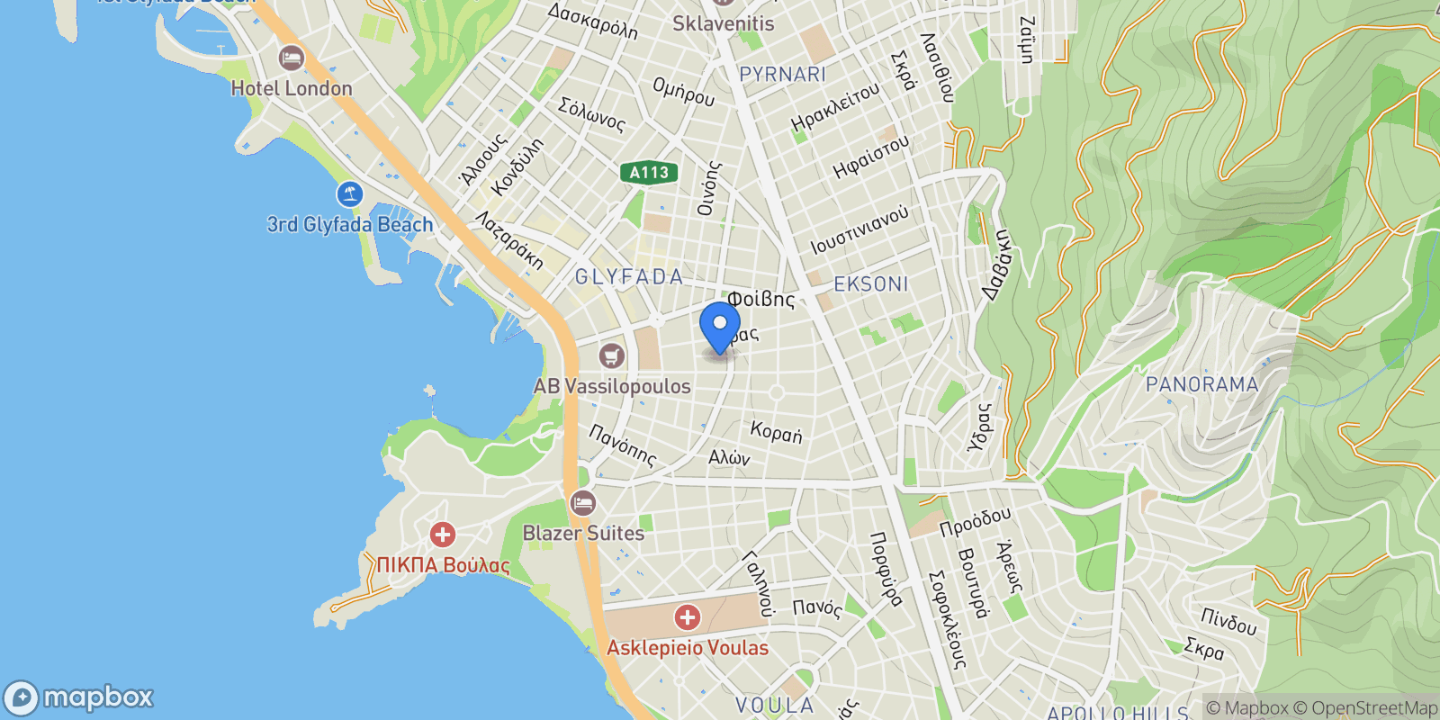 Map showing Kato Glyfada, Glyfada, Attica, Greece.