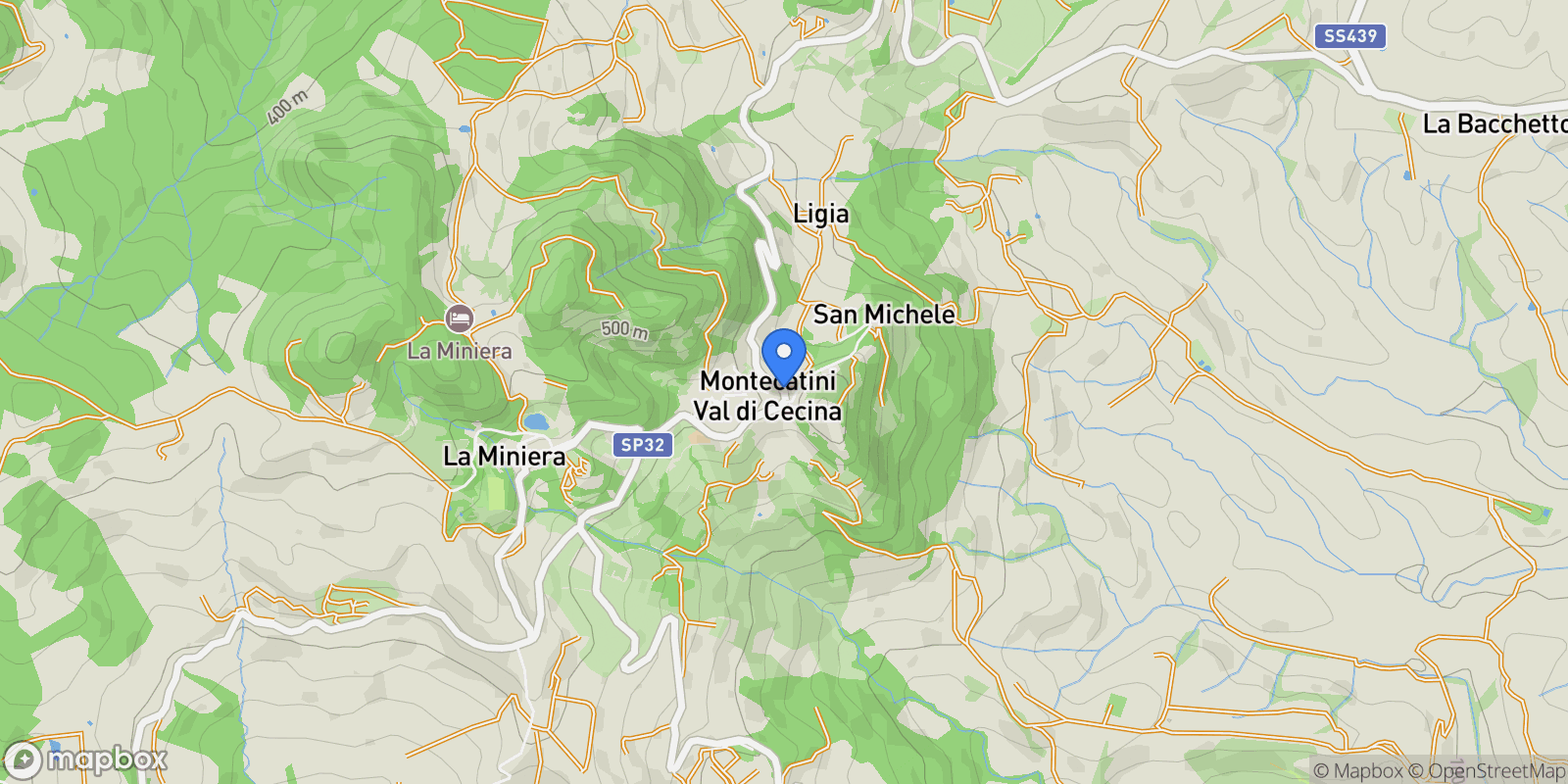 Map showing Montecatini Val di Cecina, Tuscany, Italy.