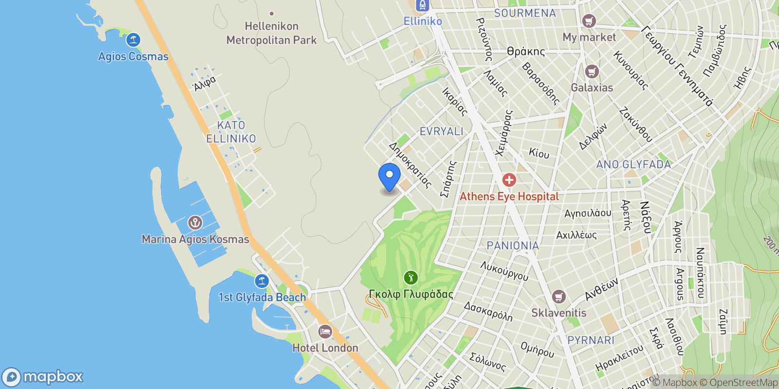 Map showing Kato Glyfada, Glyfada, Attica, Greece.