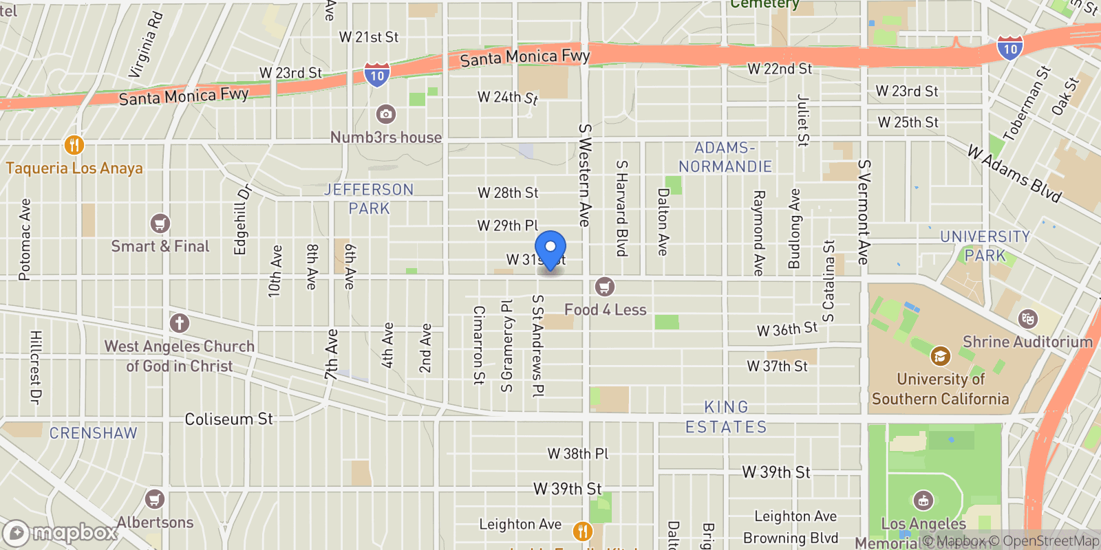 Map showing 1873 W Jefferson Boulevard, Los Angeles, California, United States.