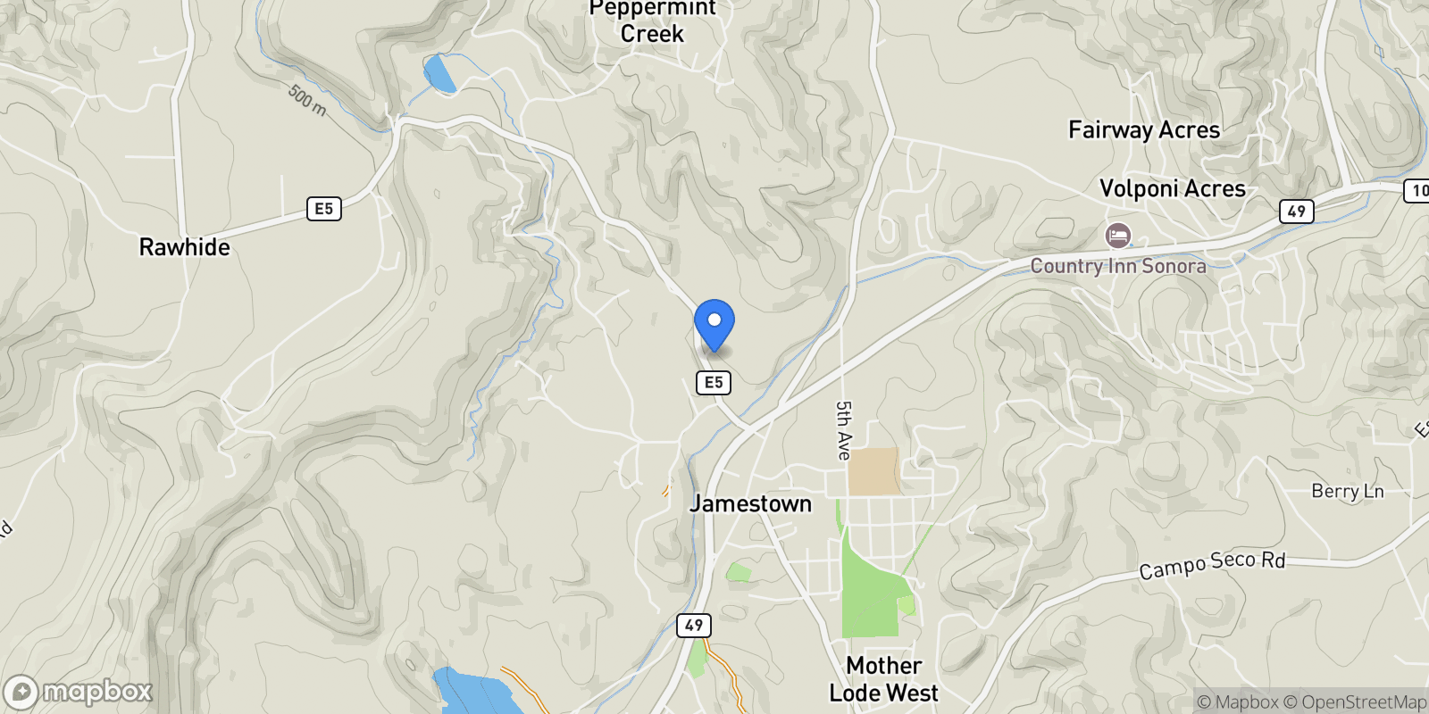 Map showing 18525 Rawhide Rd, Jamestown, CA 95327, Jamestown, California, United States.