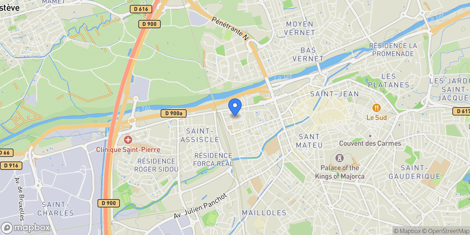 Map showing Perpignan, Occitanie, France.