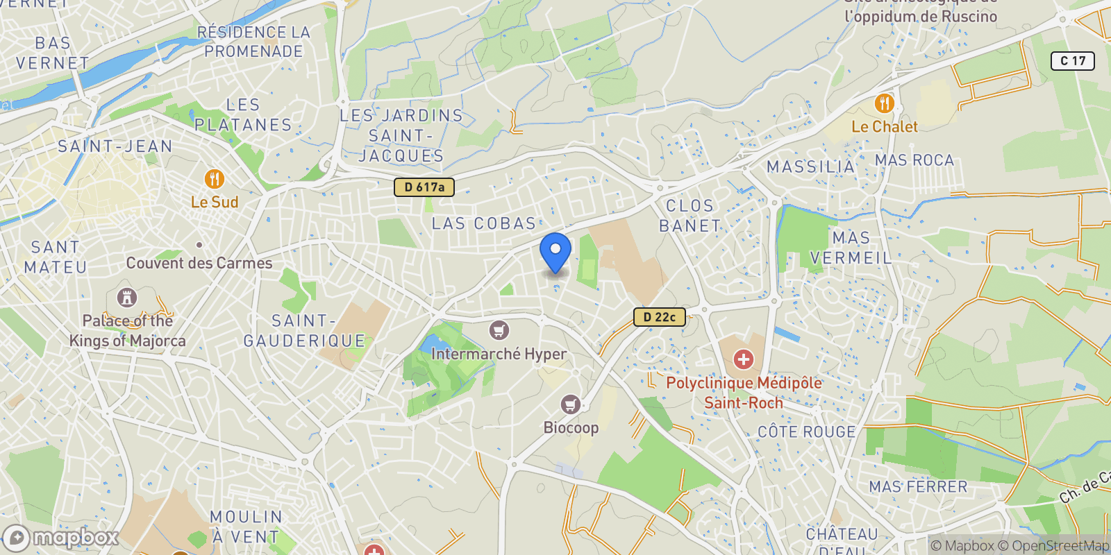 Map showing Perpignan, Occitanie, France.