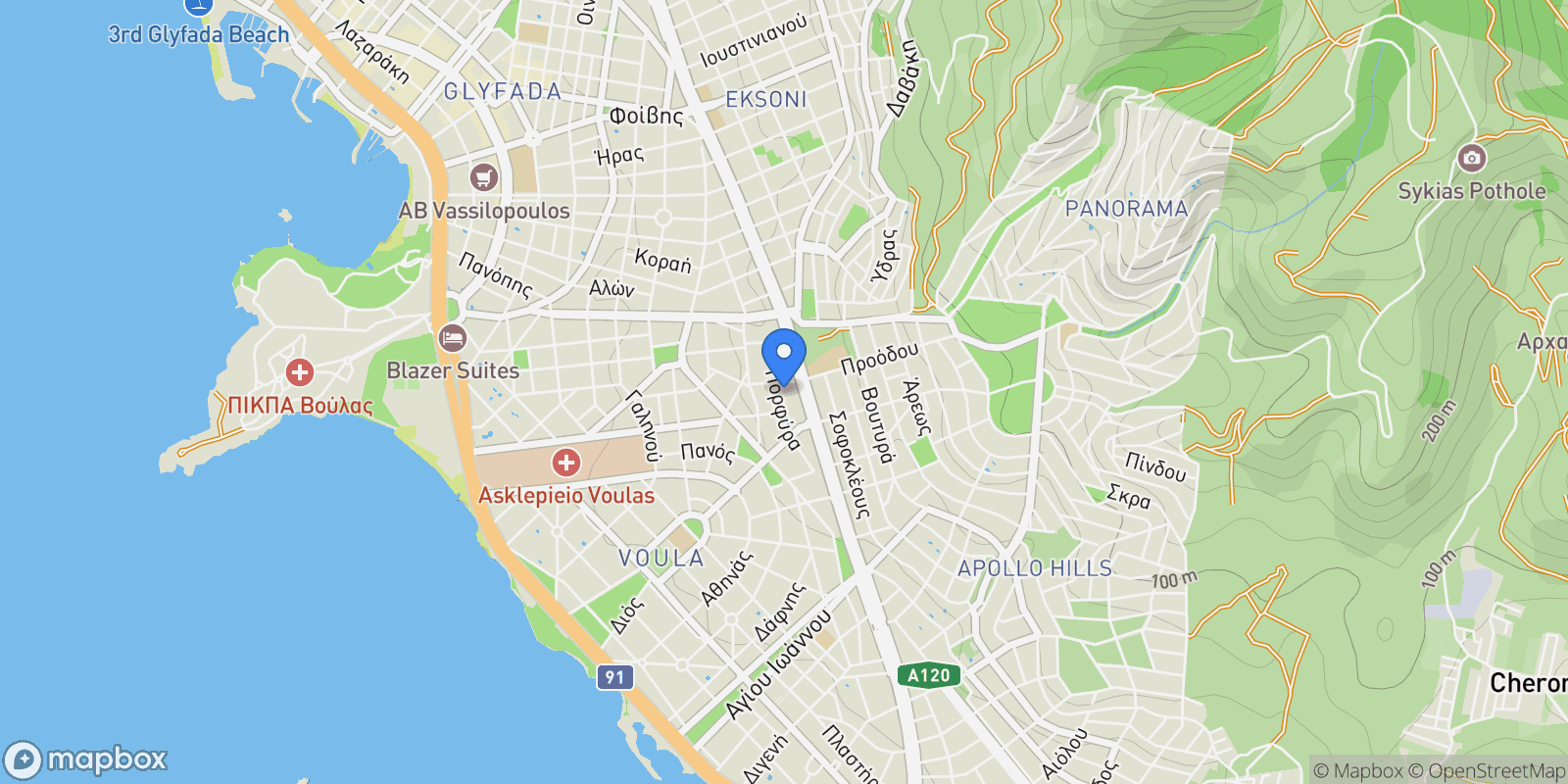 Map showing Kato Voula, Voula, Attica, Greece.