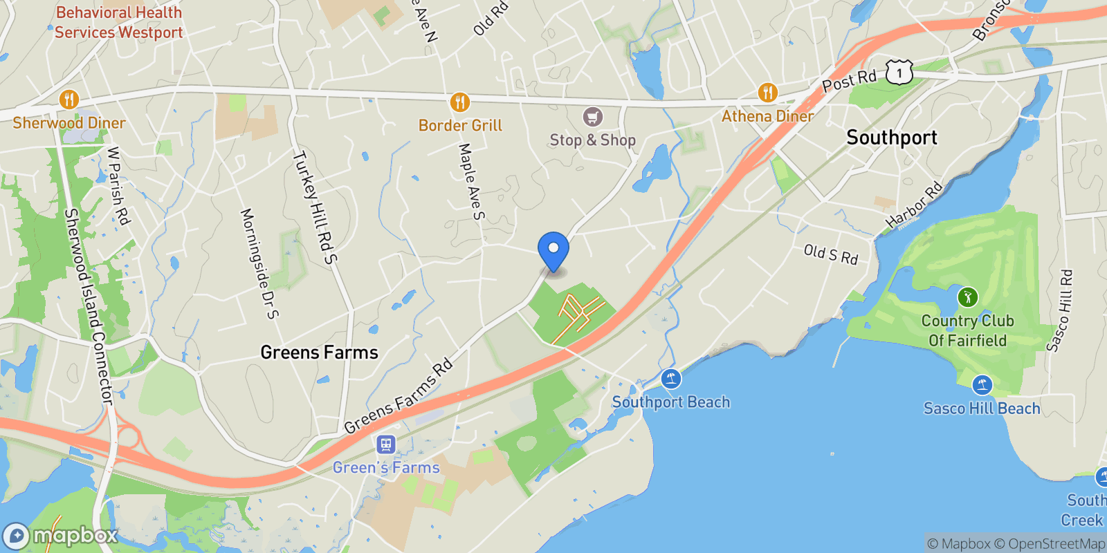 Map showing 342 Greens Farms Road, Westport, CT, 06880, USA, Westport, Connecticut, United States.
