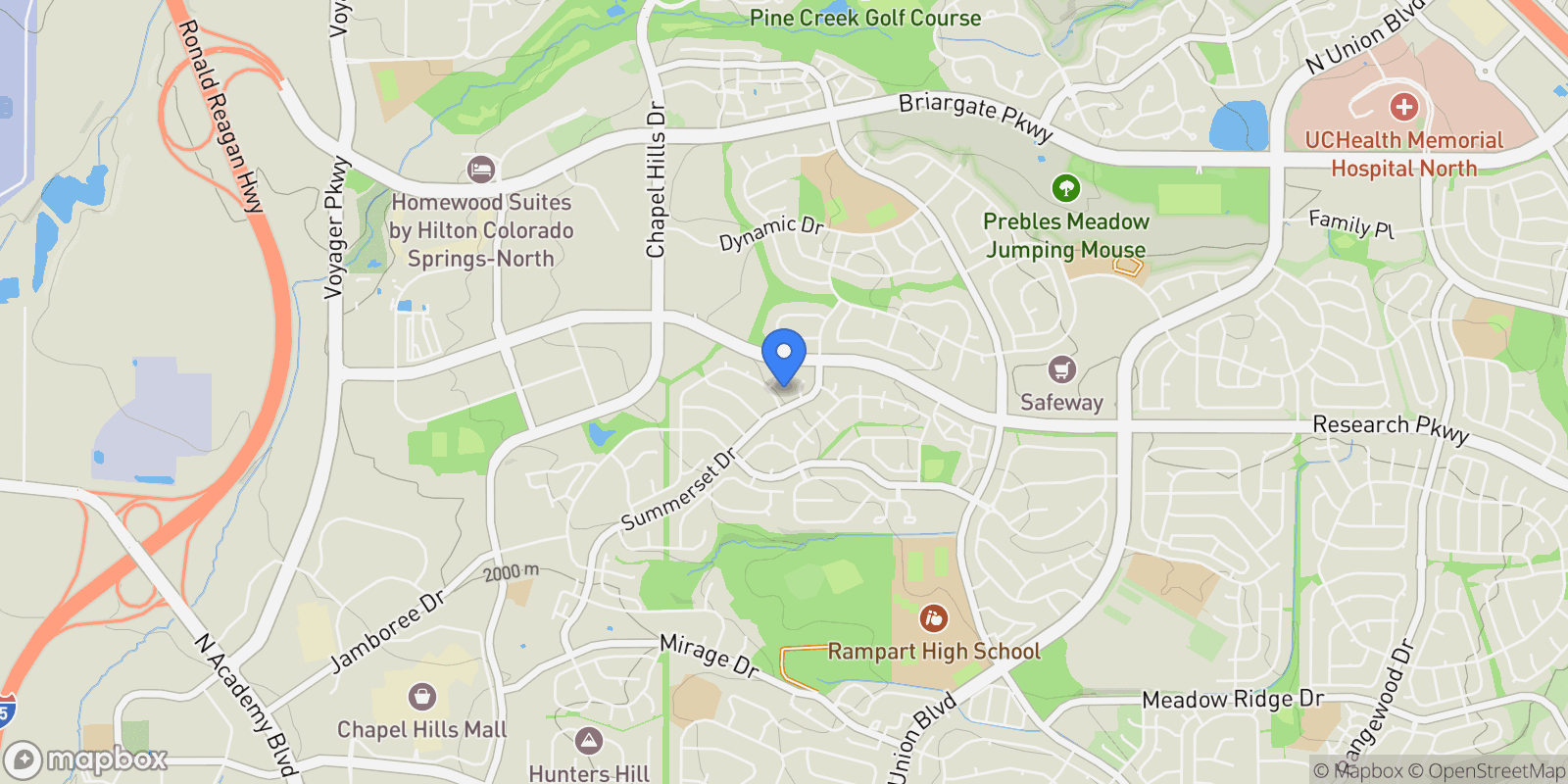 Map showing 2680 Norwich Drive, Colorado Springs, Colorado, United States.