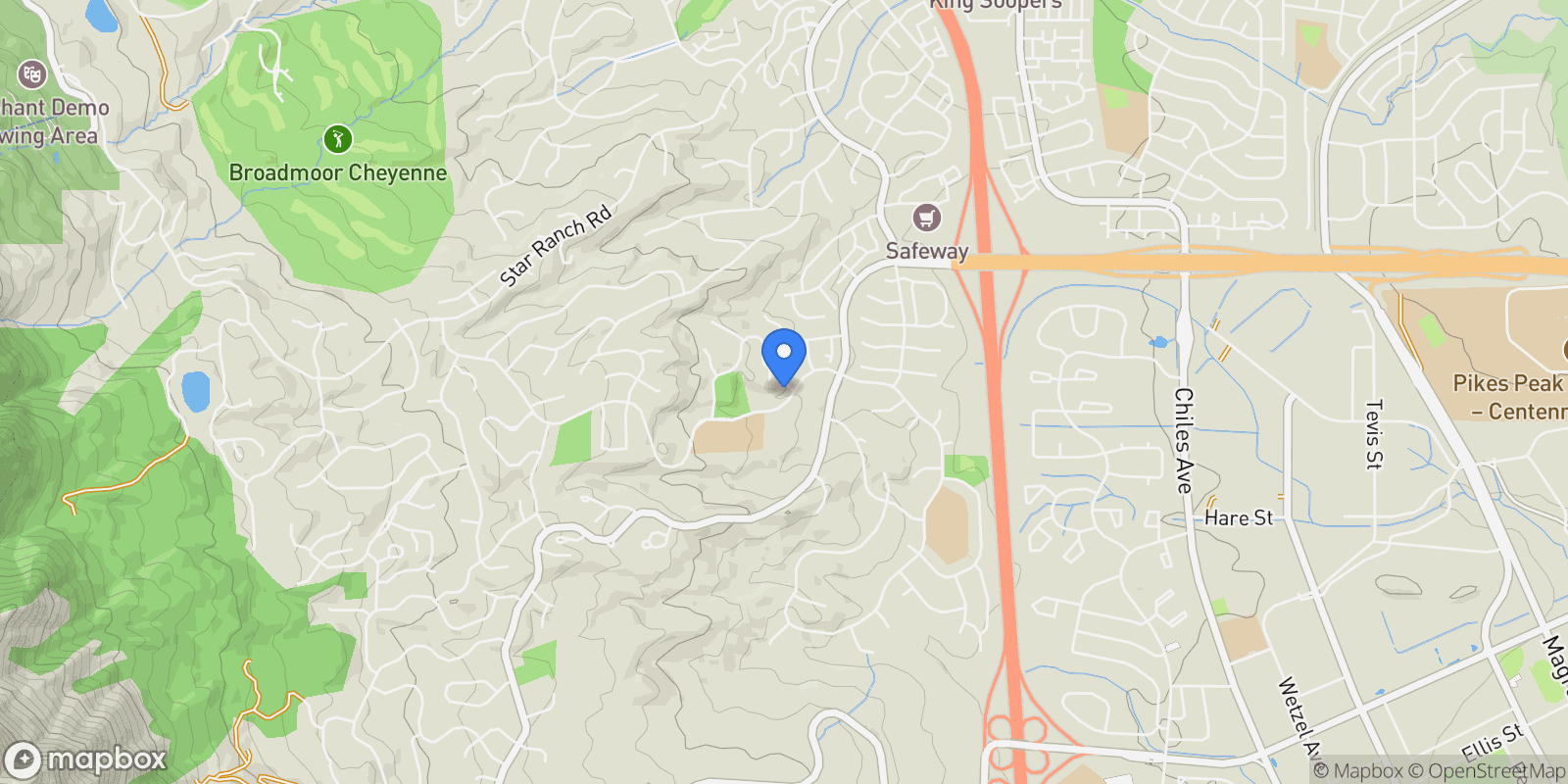 Map showing 485 Cardiff Circle, Colorado Springs, Colorado, United States.