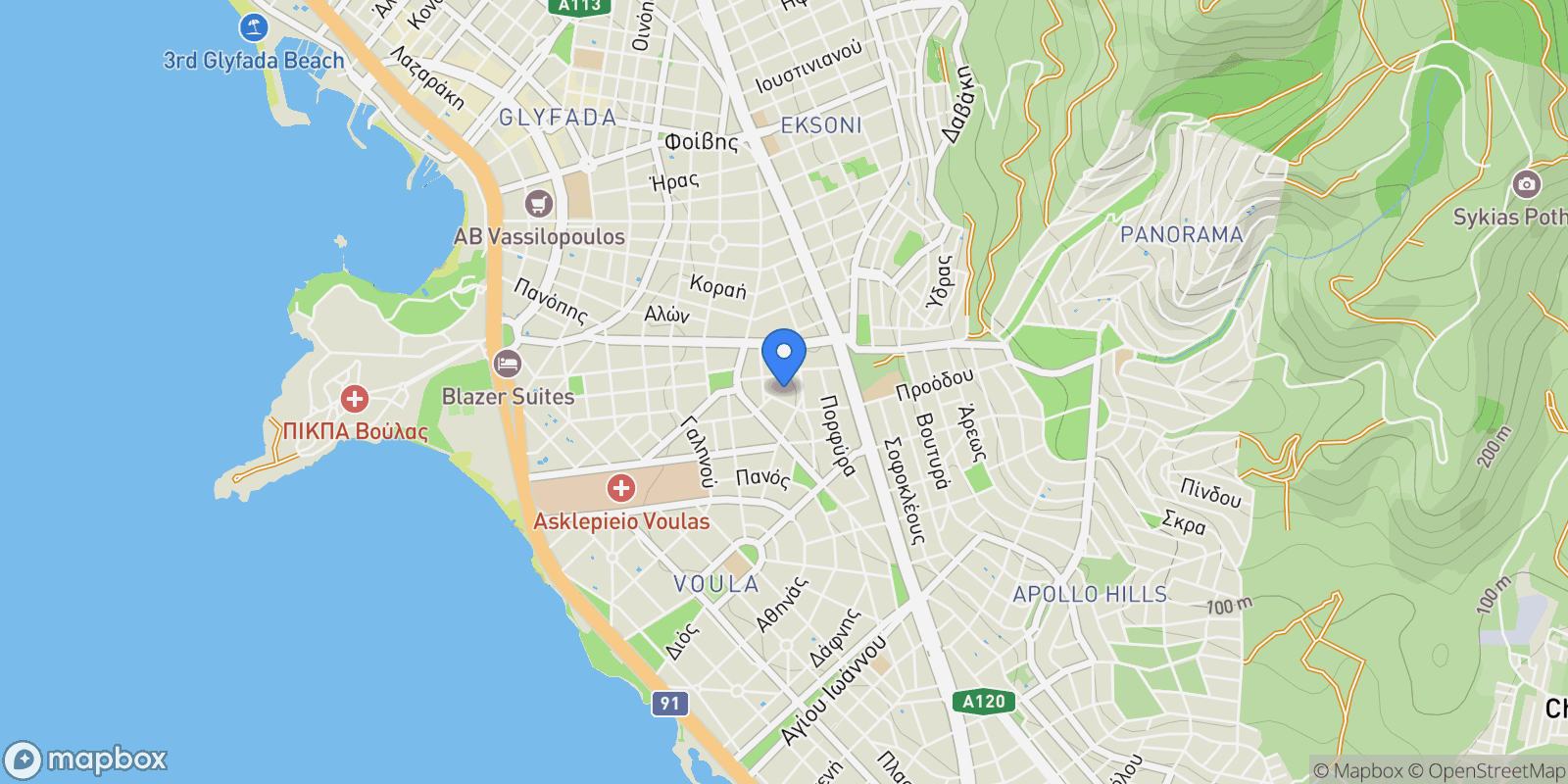 Map showing Kato Glyfada, Voula, Attica, Greece.