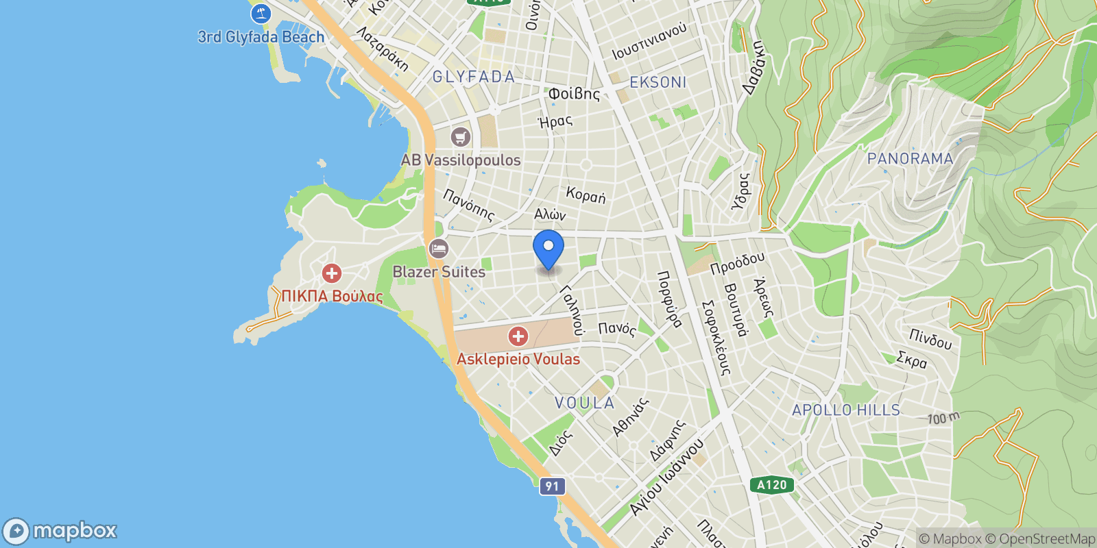 Map showing Kato Voula, Voula, Attica, Greece.