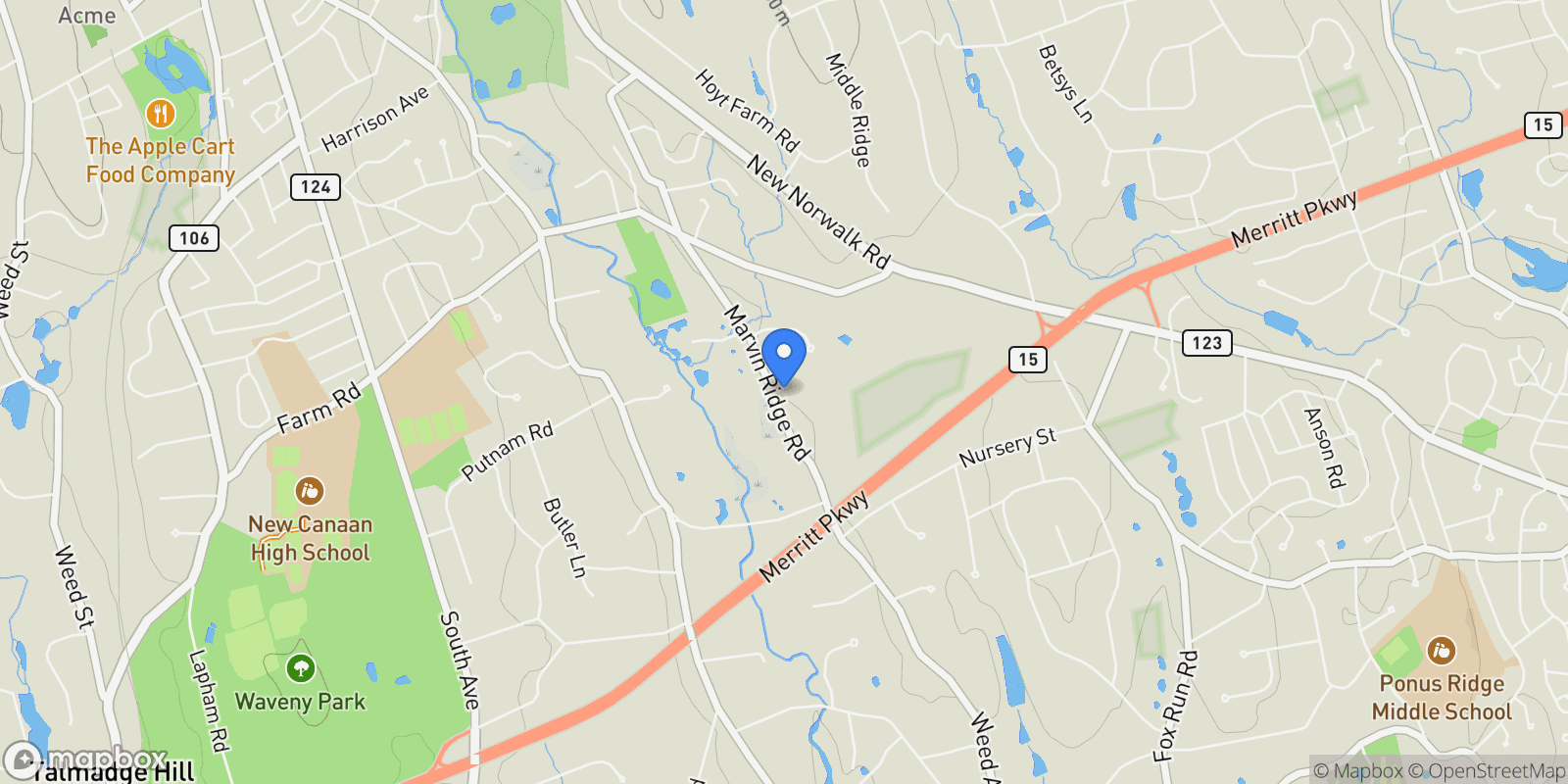 Map showing 184 Marvin Ridge Road, New Canaan, CT, 06840, USA, New Canaan, Connecticut, United States.