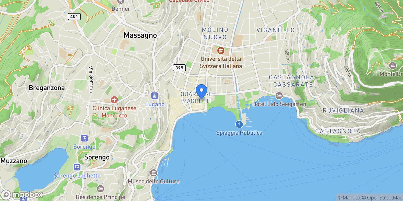 Map showing Piazza Indipendenza, Lugano, Ticino, Switzerland.