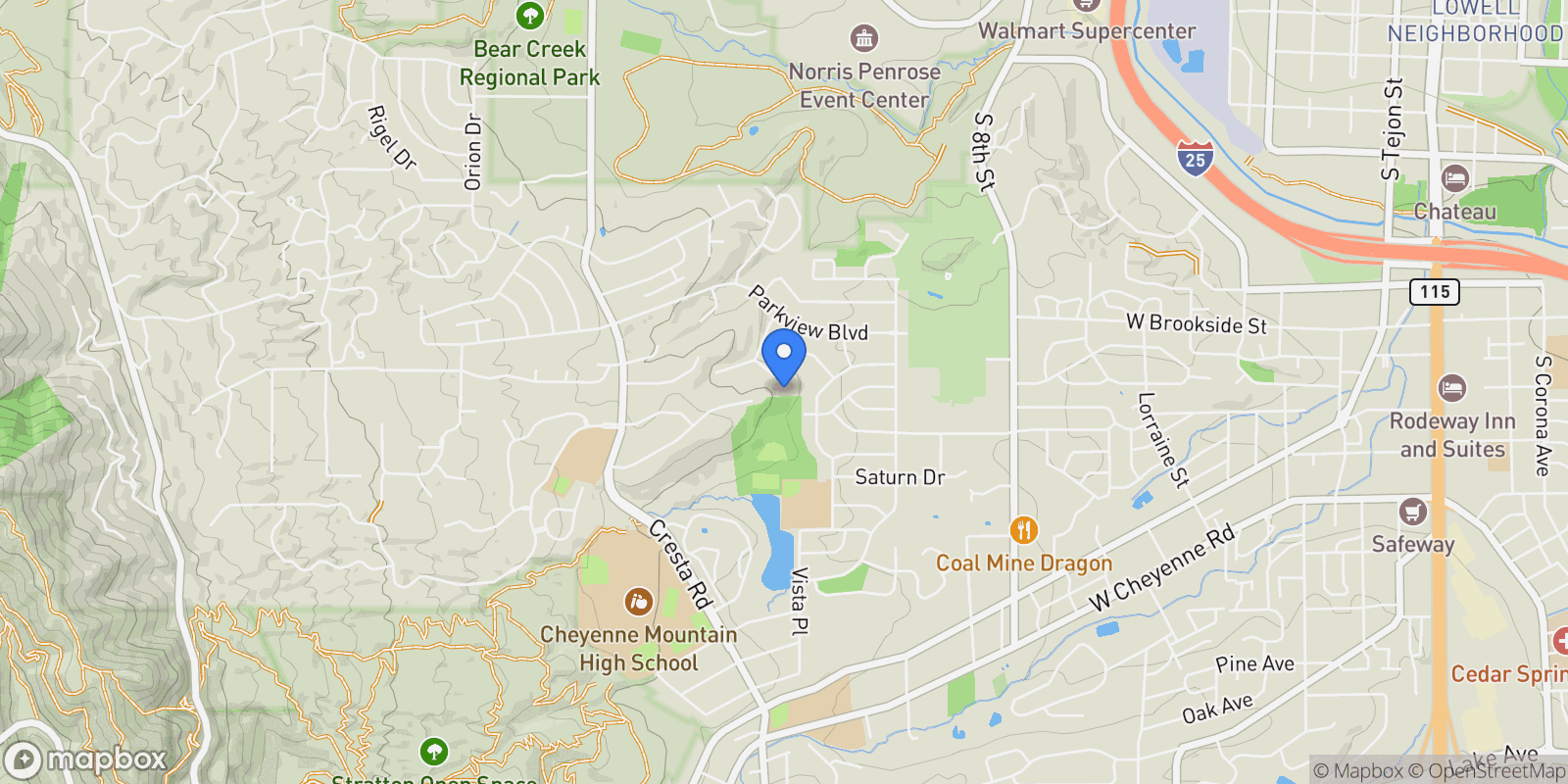 Map showing 1003 Sun Drive, Colorado Springs, Colorado, United States.