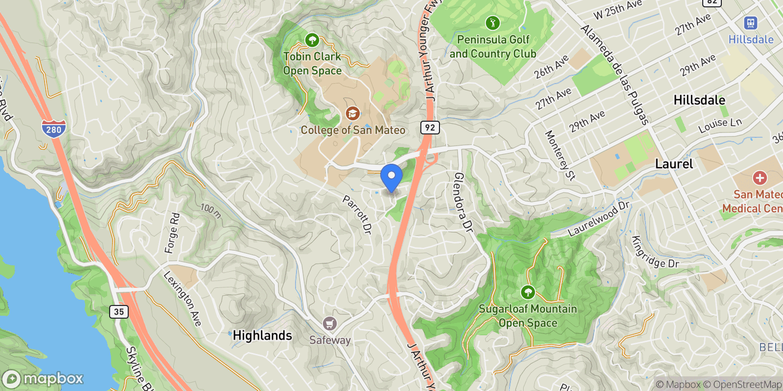 Map showing 38 Weepingridge Court, San Mateo, California, United States.