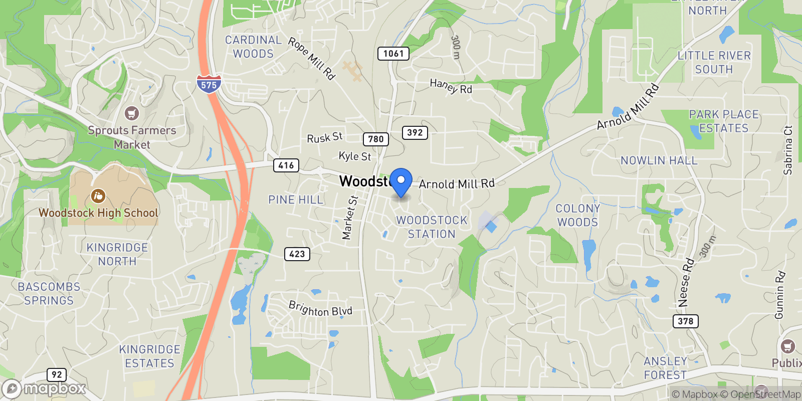 Map showing Woodstock, Georgia, United States.