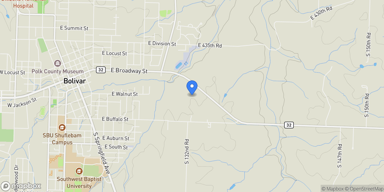 Map showing 4398 S 133rd Road, Bolivar, MO 65613, Bolivar, Missouri, United States.