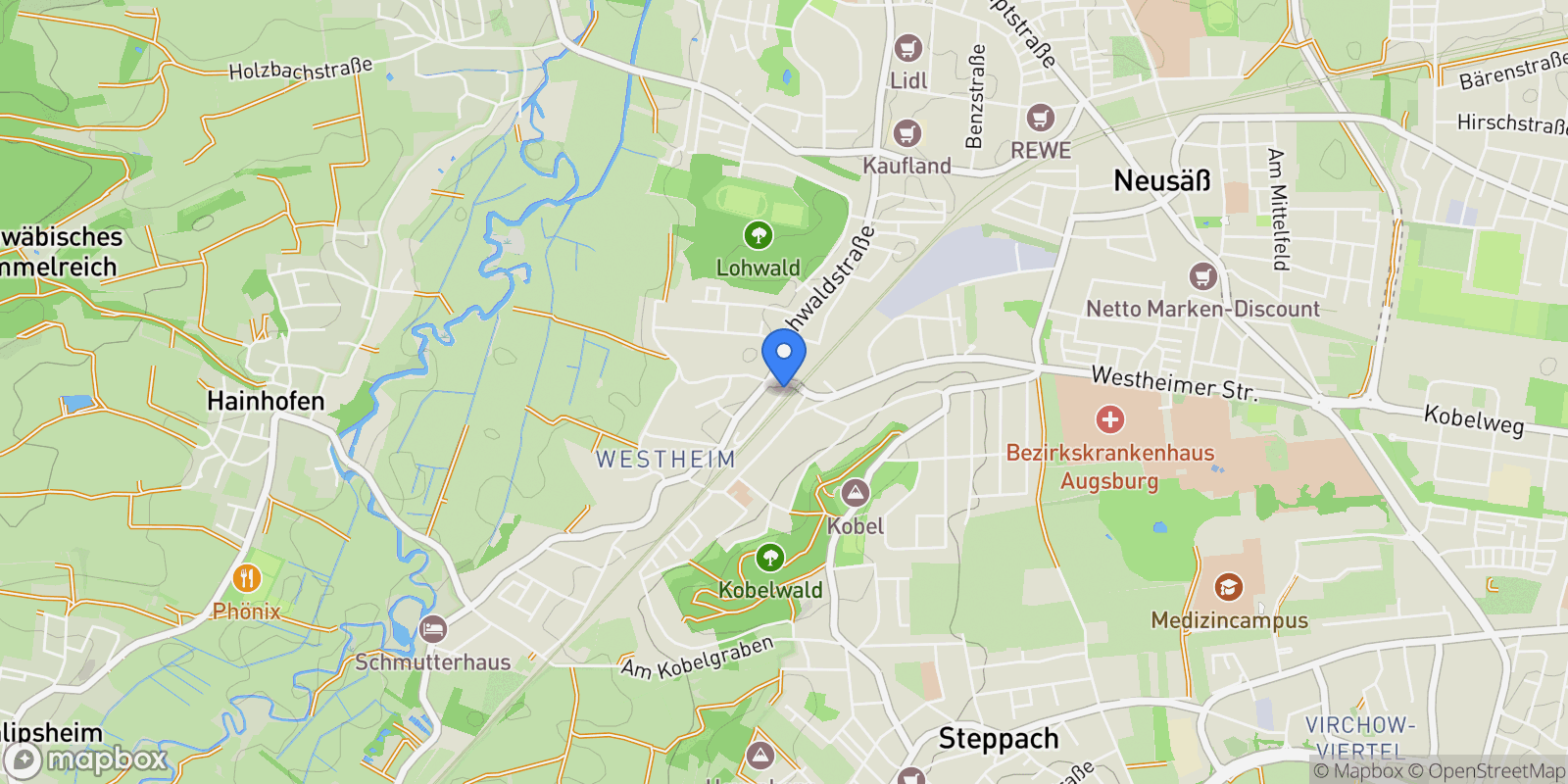 Map showing 86356 Neusäß-Westheim b.Augsburg, Germany, Neusäß, Bavaria, Germany.