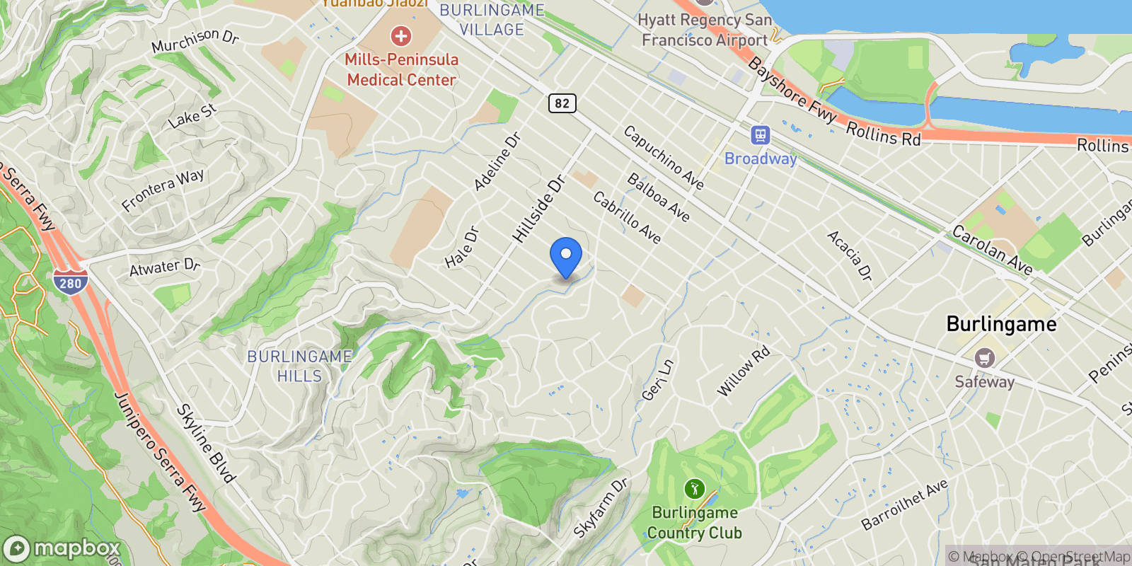 Map showing 2301 Easton Drive, Burlingame, California, United States.