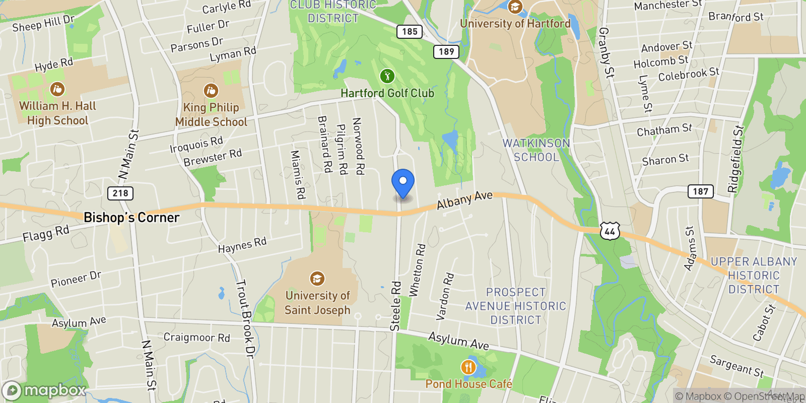 Map showing 320 North Steele Road, West Hartford, CT, 06117, USA, West Hartford, Connecticut, United States.