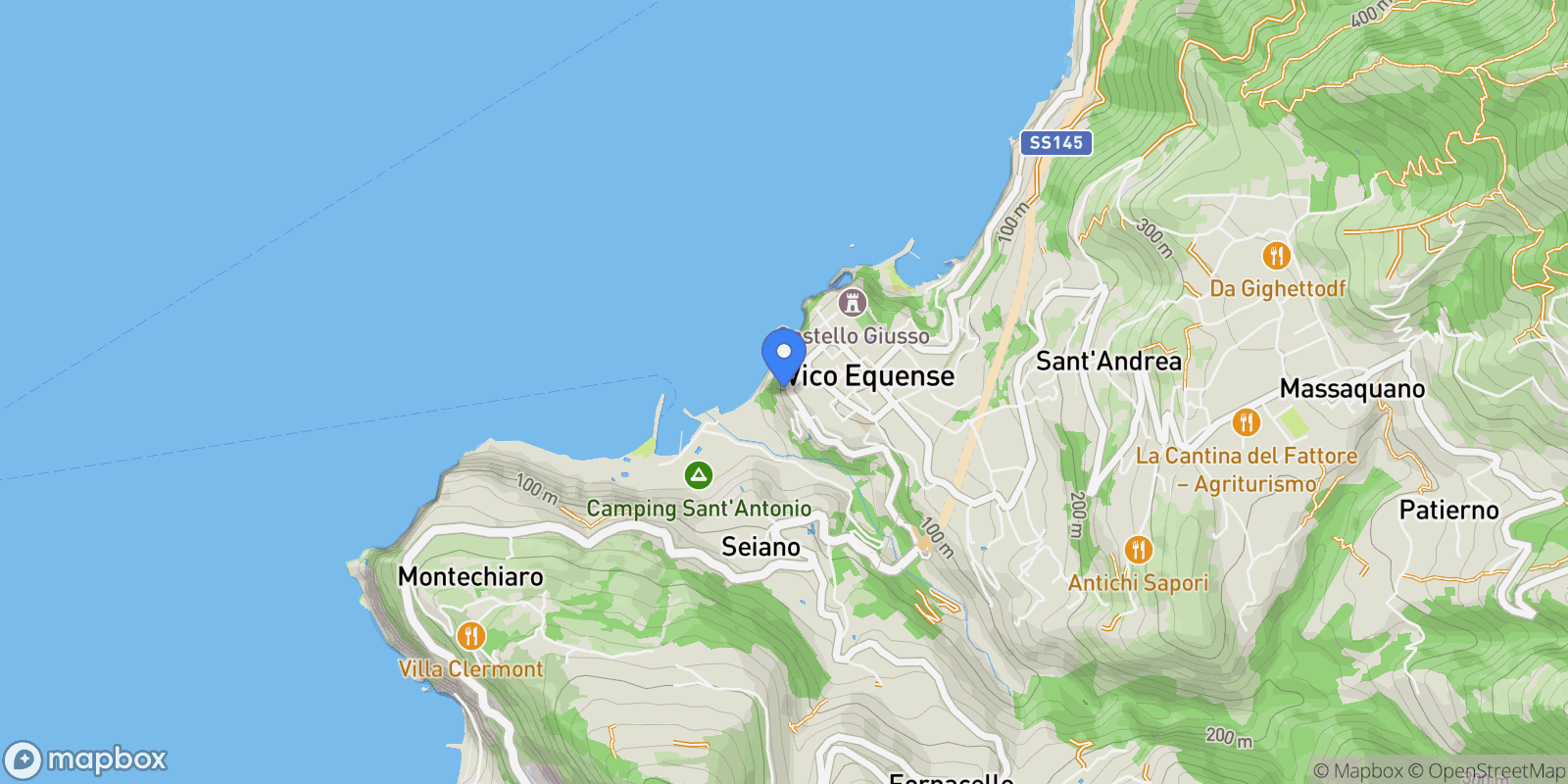 Map showing Penisola Sorrentina Vico Equense Filangieri 129, Vico Equense, Campania, Italy.