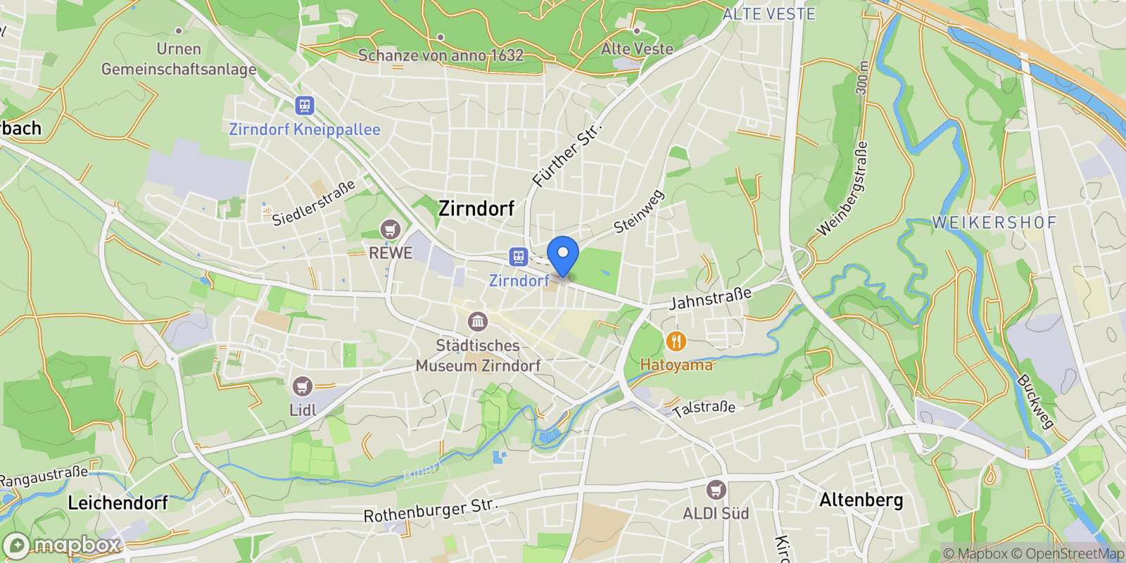 Map showing Zirndorf, Bavaria, Germany.