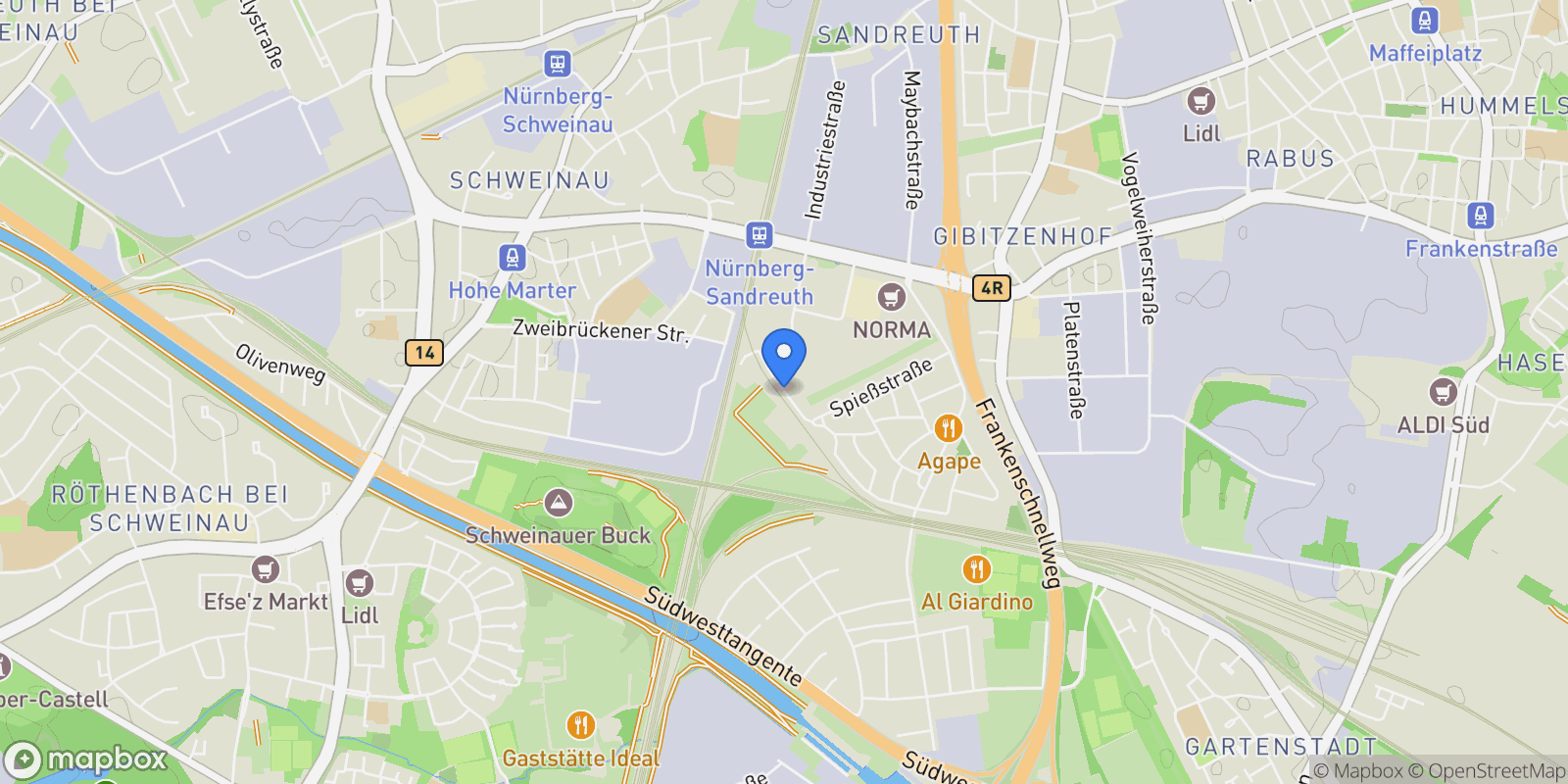 Map showing Nuremberg, Bavaria, Germany.