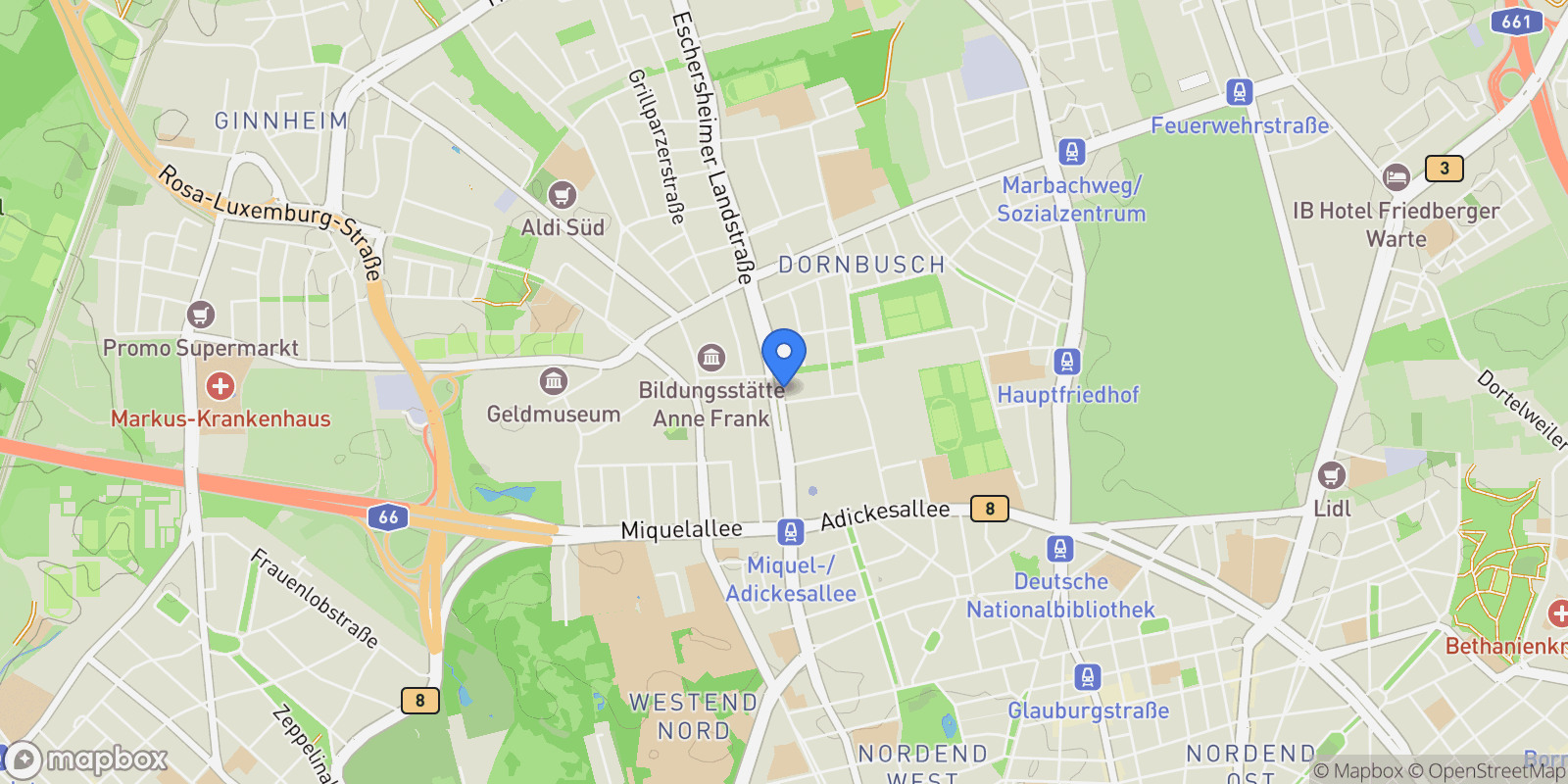 Map showing Frankfurt am Main, Hessen, Germany.