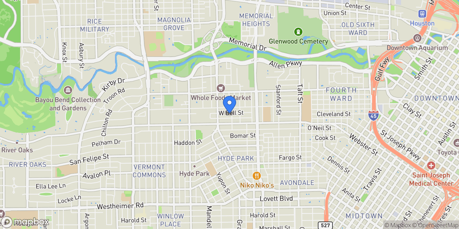 Map showing 1305 W Bell Street, Houston, Texas, United States.